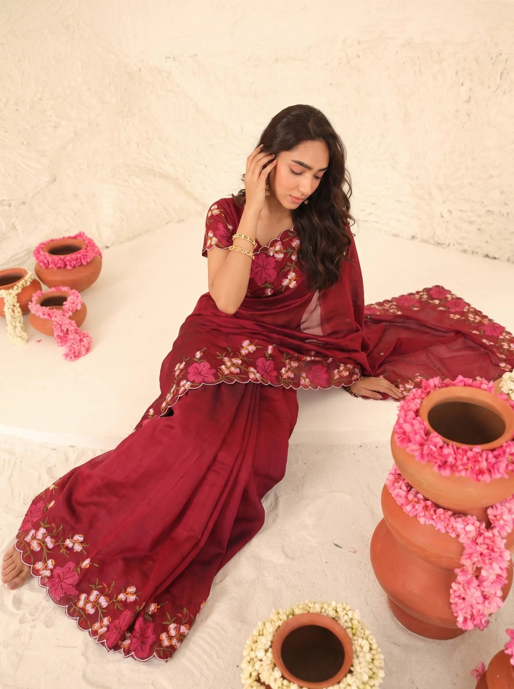 Maroon Floral Embroidered Silk Saree - Back Drape View - Kalyanja KS163
